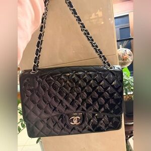 Chanel Maxi Classic Flap Black Patent Silver Hardware